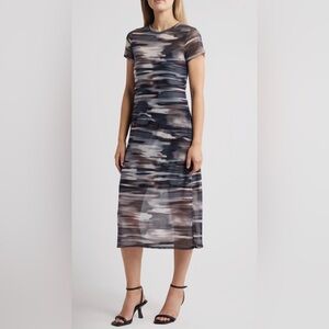 Chelsea28 Gray and‎ Black Printed Mesh Midi Dress